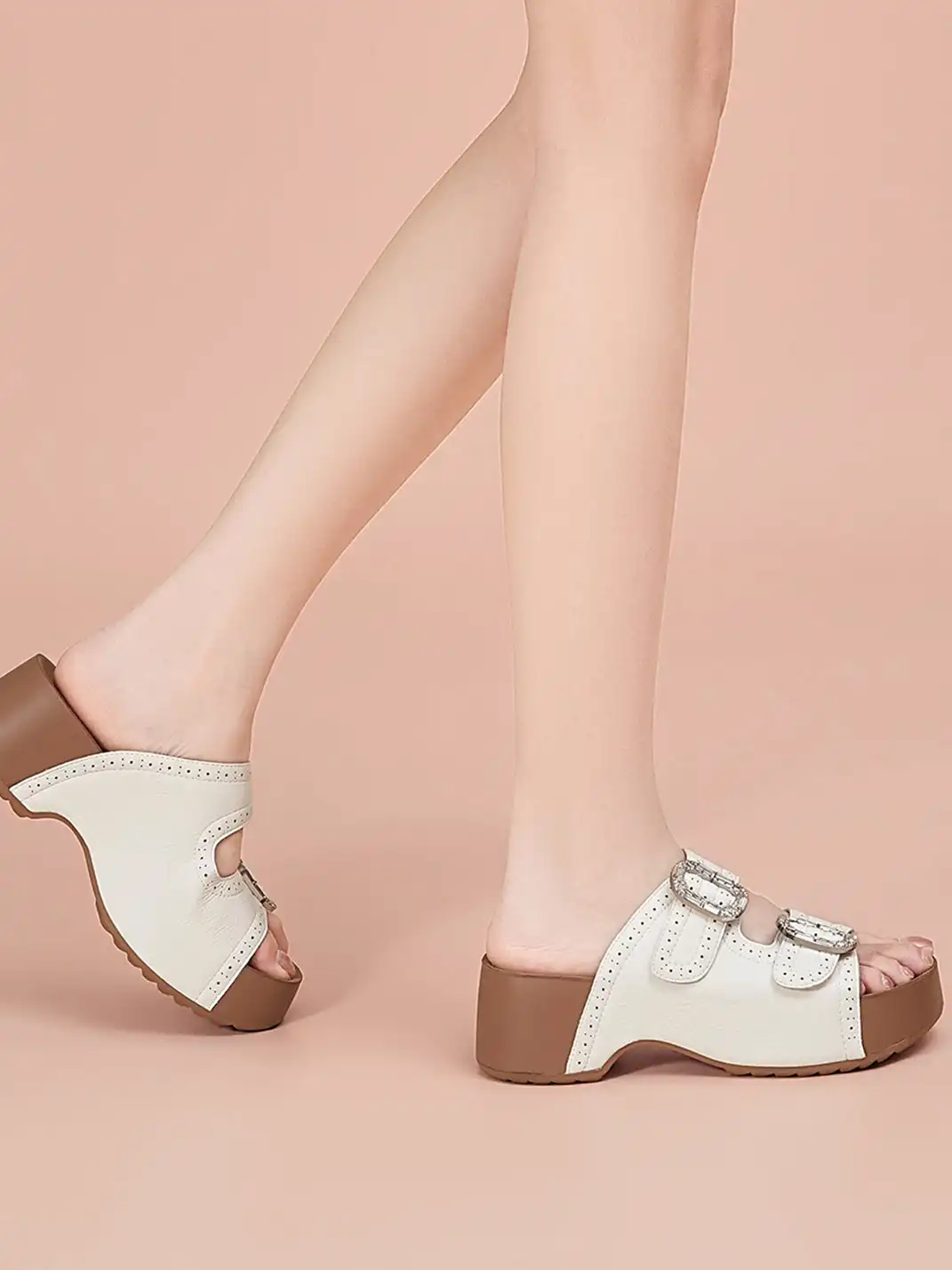 EBLAN | Double Buckle Platform Slide Sandals With Wooden Heel