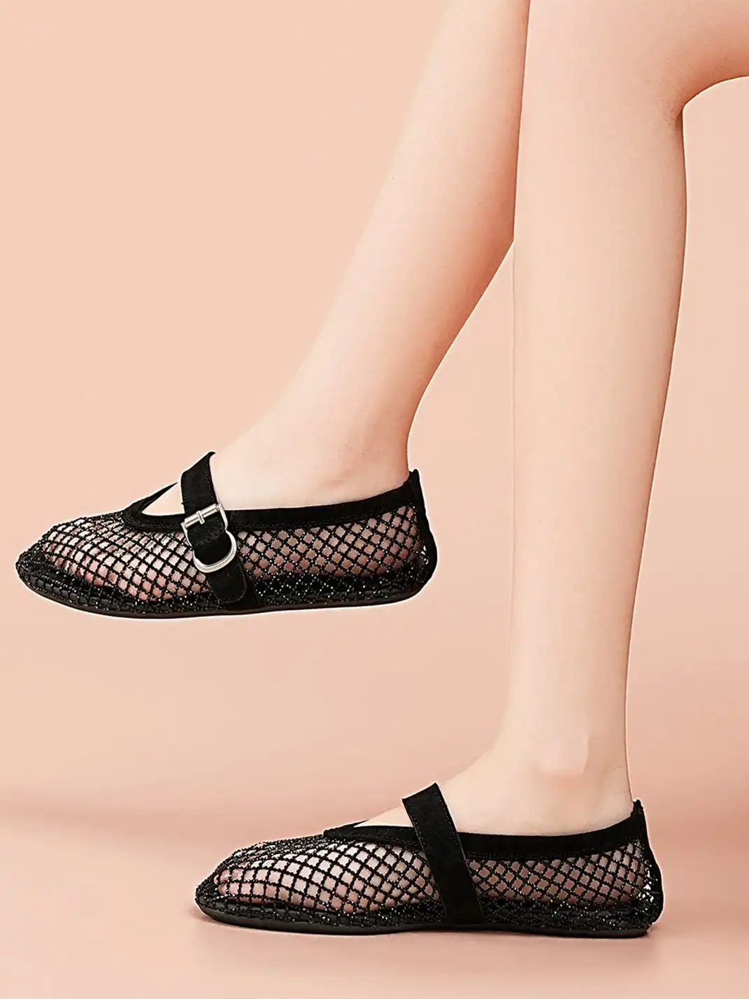 EBLAN | Woven Mesh Mary Jane Mules With Buckle Strap-Black