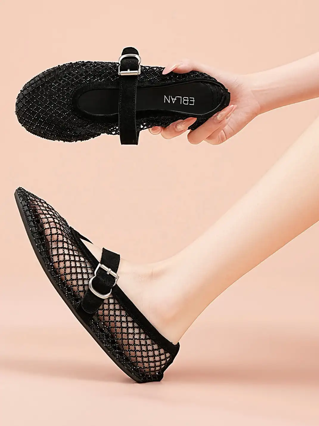 EBLAN | Woven Mesh Mary Jane Mules With Buckle Strap-Black
