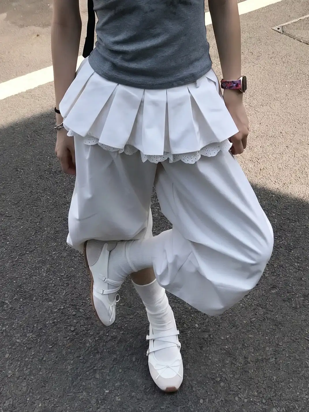 EBLAN | Mary Jane Ballet Sneakers With Bow Lace-Up Detail-White