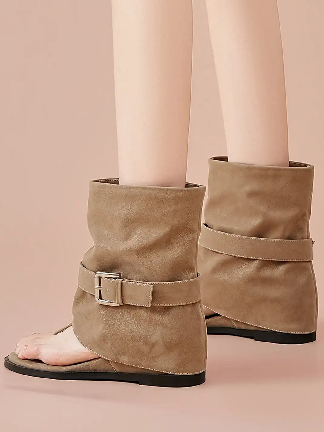 EBLAN | Buckle Strap Thong Boot Sandals-Khaki