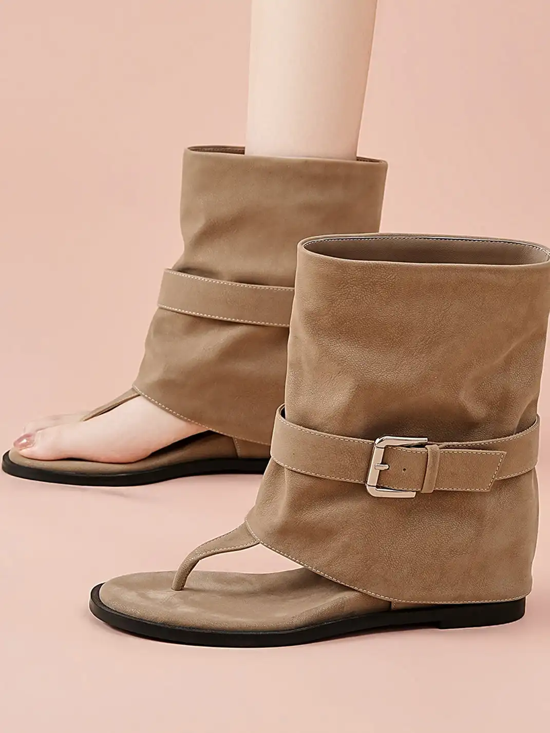 EBLAN | Buckle Strap Thong Boot Sandals-Khaki