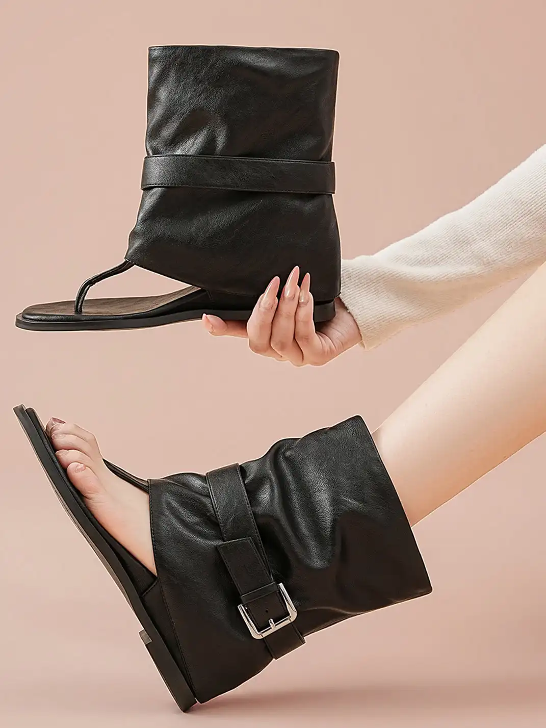EBLAN | Buckle Strap Thong Boot Sandals-Black