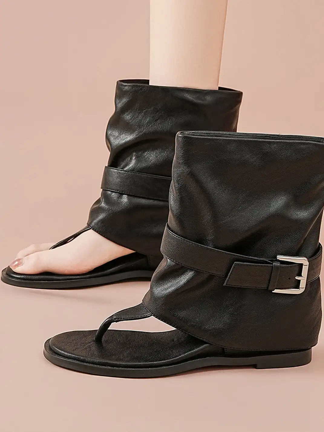 EBLAN | Buckle Strap Thong Boot Sandals-Black