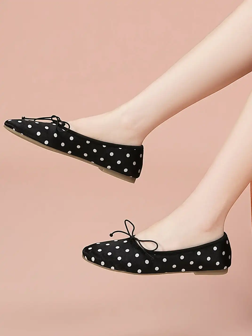 EBLAN | Taupe Polka Dot Ballet Flats With Bow Detail-Black