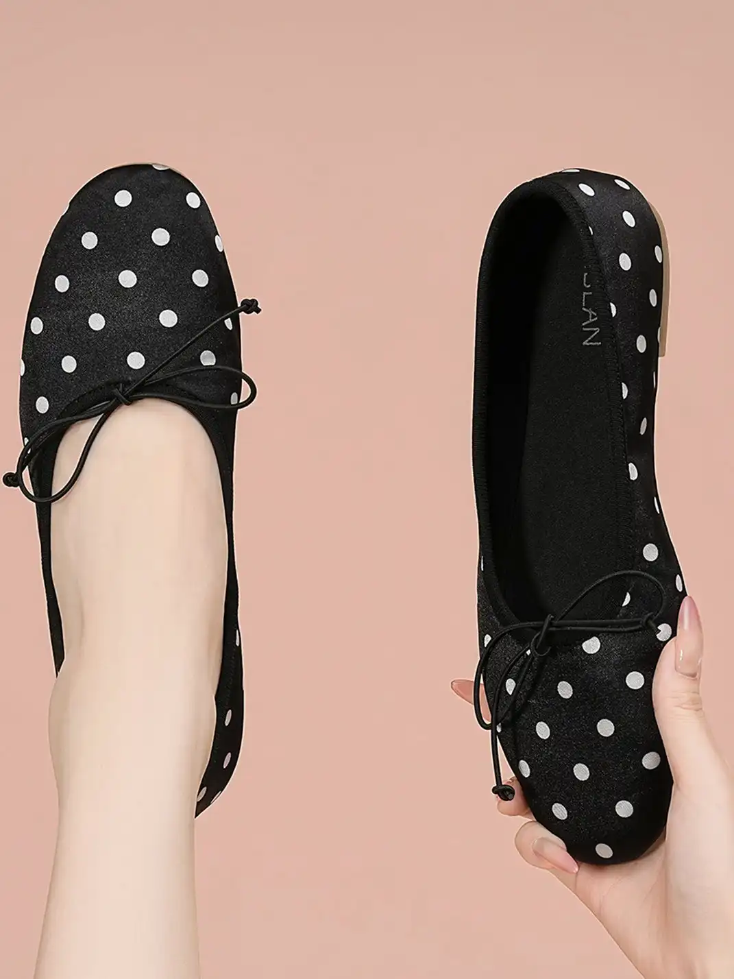EBLAN | Taupe Polka Dot Ballet Flats With Bow Detail-Black