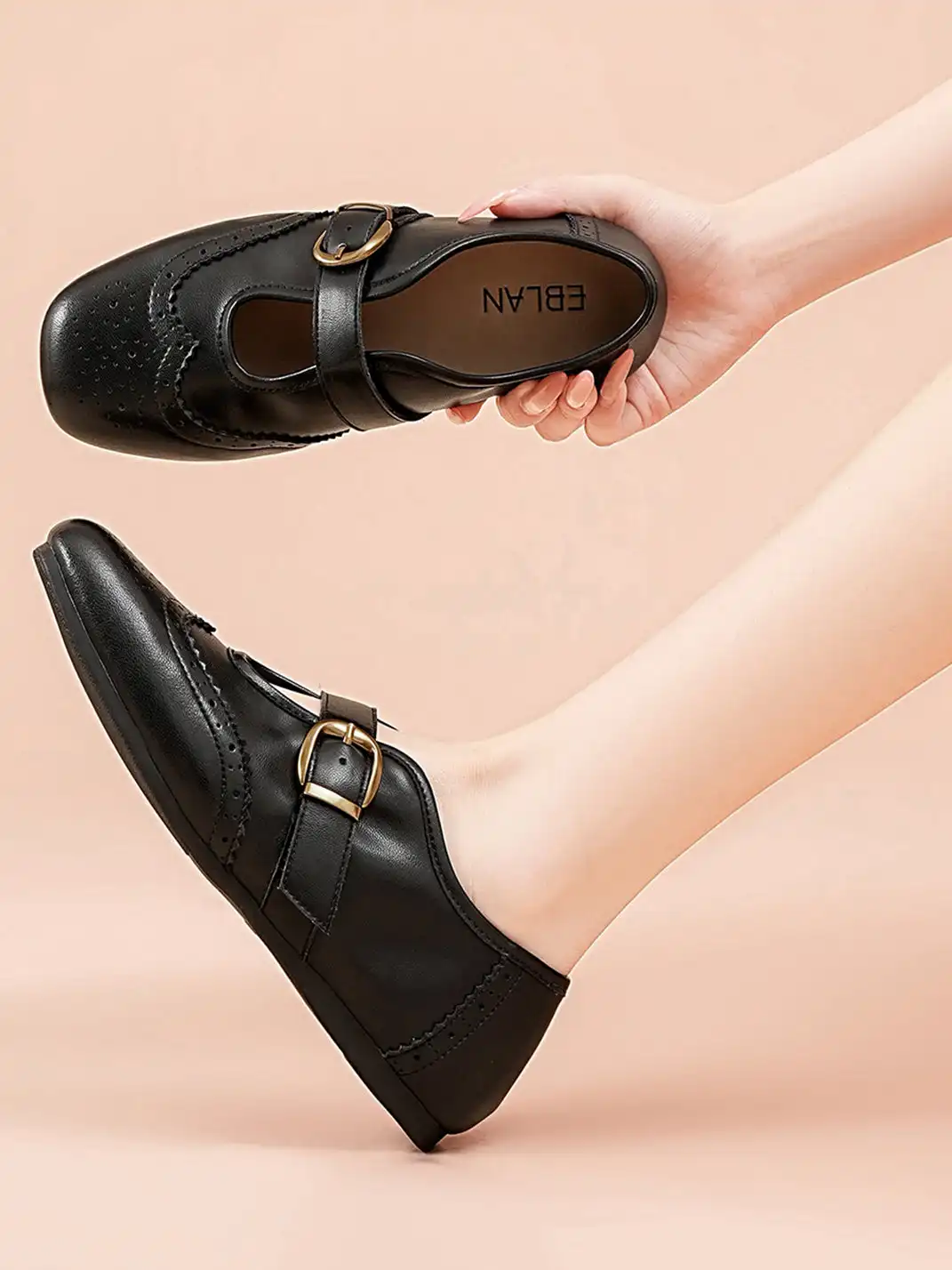 EBLAN | Leather Mary Jane Flats With Gold Buckle