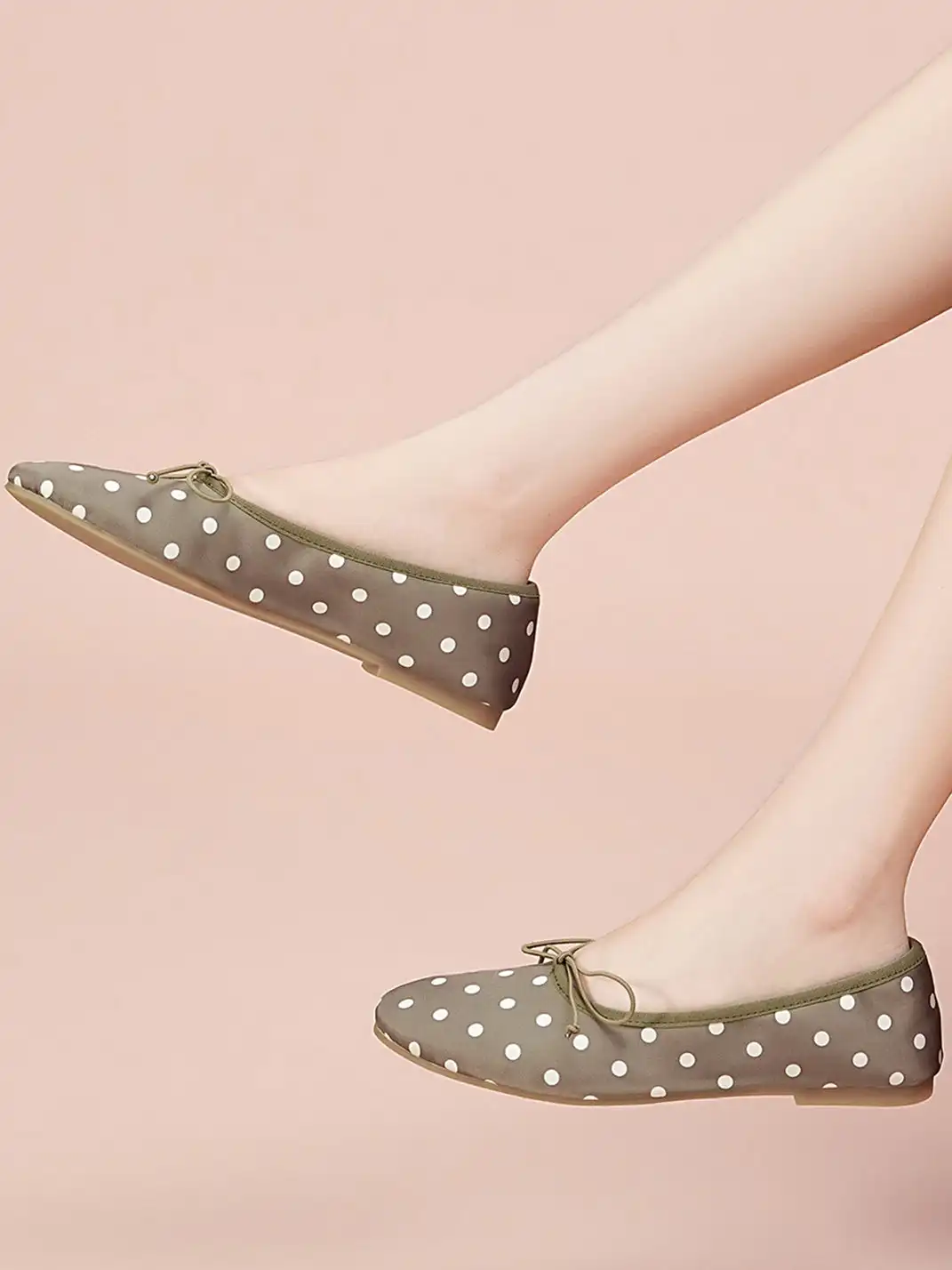 EBLAN | Taupe Polka Dot Ballet Flats With Bow Detail-Gray