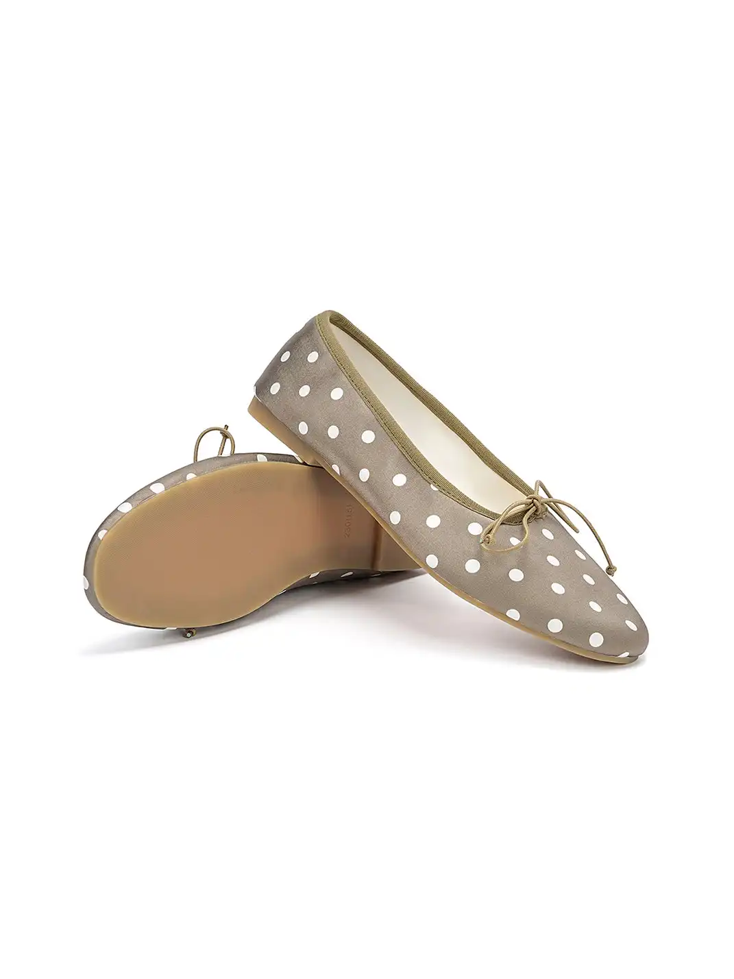 EBLAN | Taupe Polka Dot Ballet Flats With Bow Detail-Gray