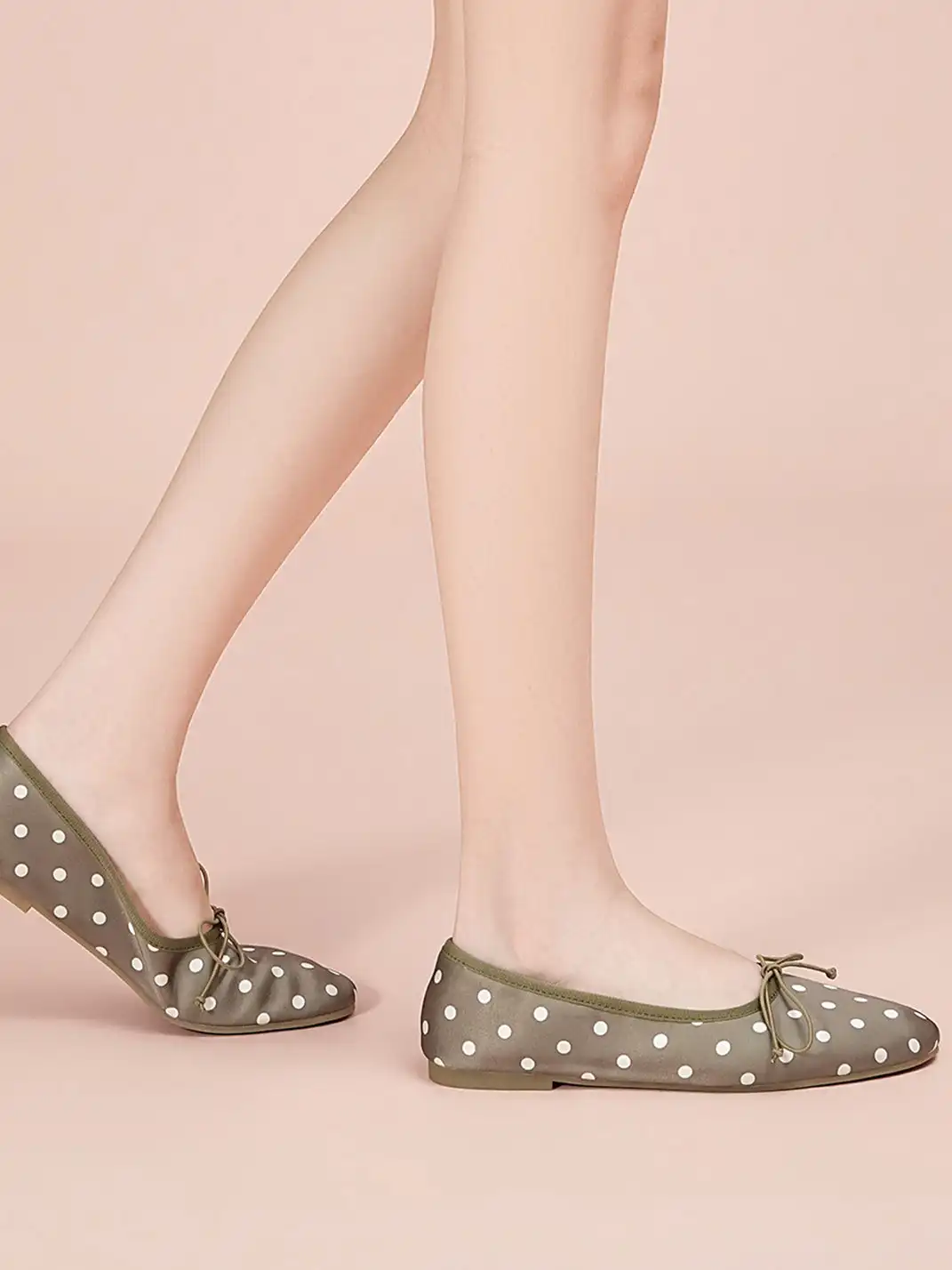 EBLAN | Taupe Polka Dot Ballet Flats With Bow Detail-Gray