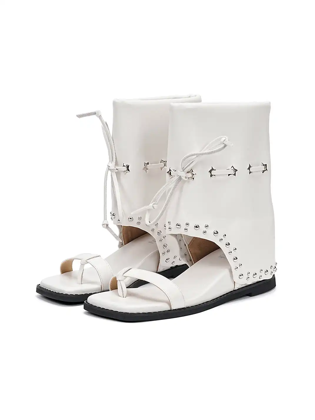 EBLAN | Lace-Up Cuff Toe Loop Flat Sandals-White