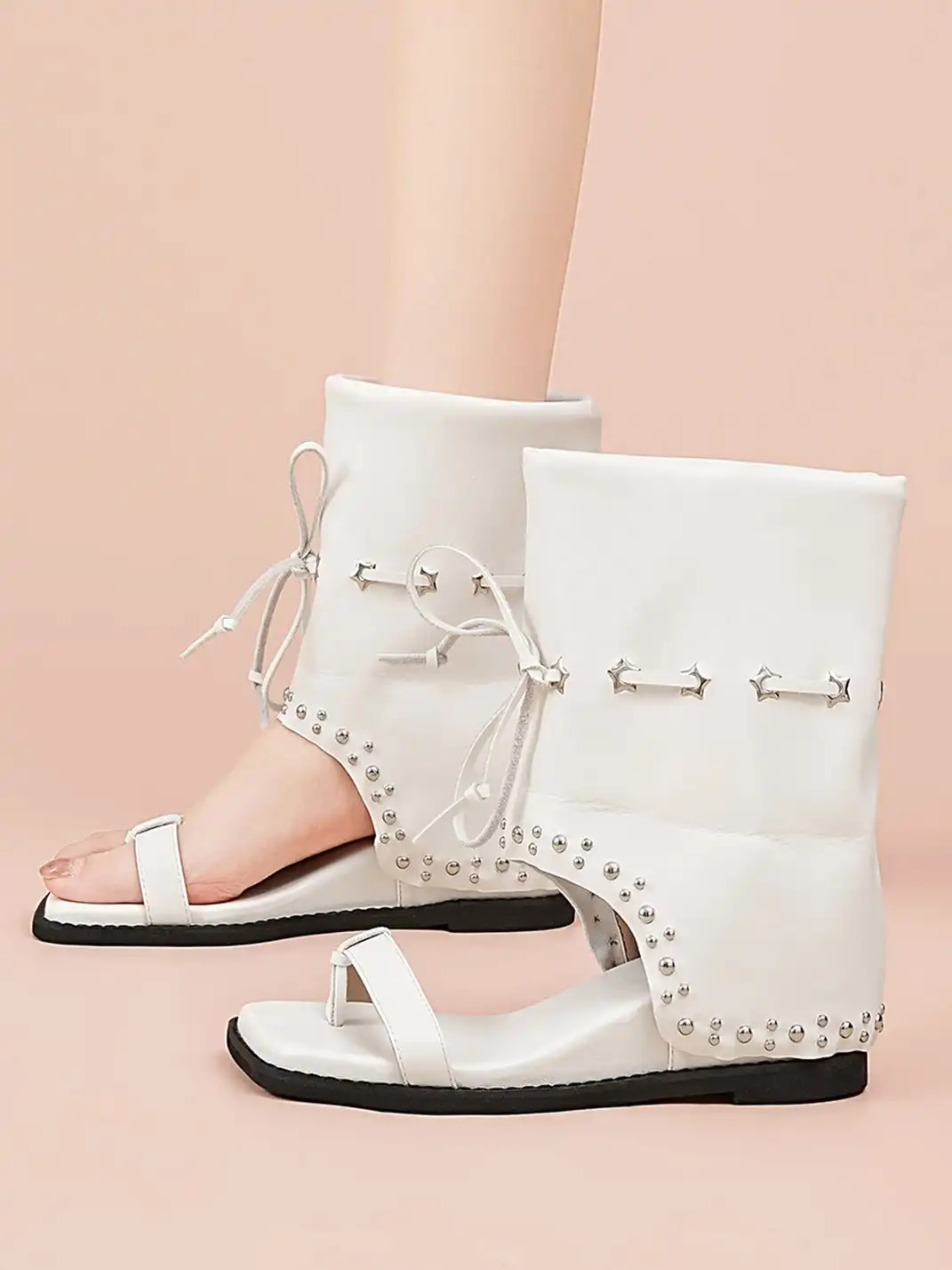 EBLAN | Lace-Up Cuff Toe Loop Flat Sandals-White