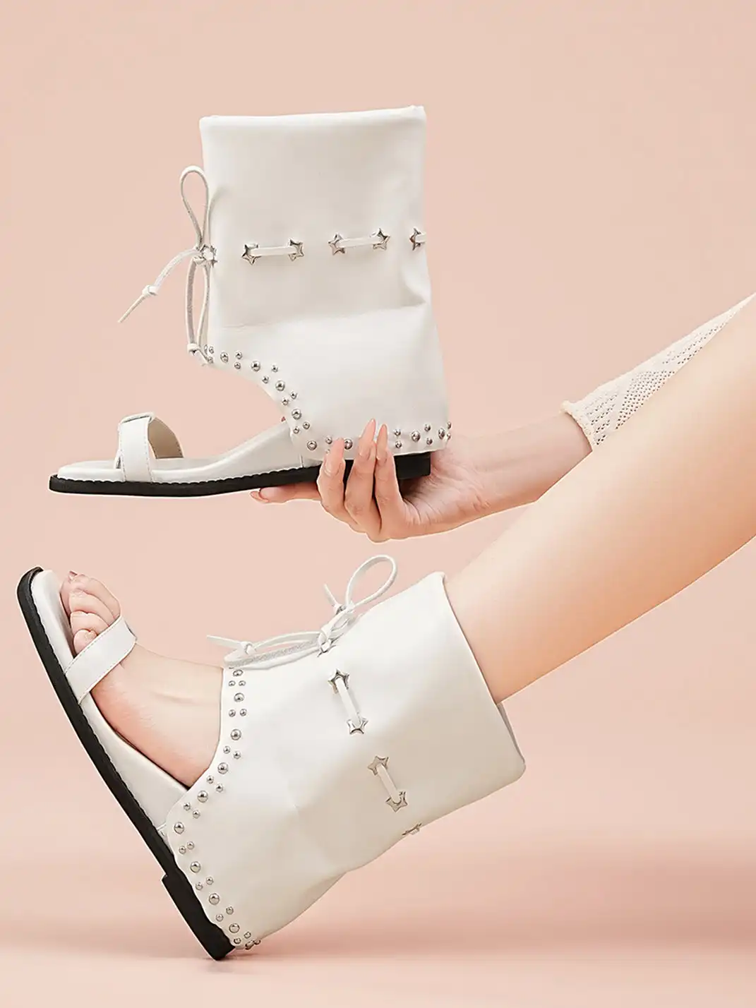 EBLAN | Lace-Up Cuff Toe Loop Flat Sandals-White
