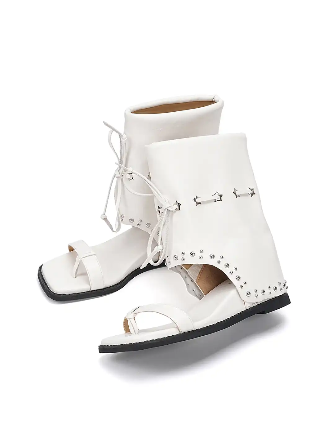 EBLAN | Lace-Up Cuff Toe Loop Flat Sandals-White