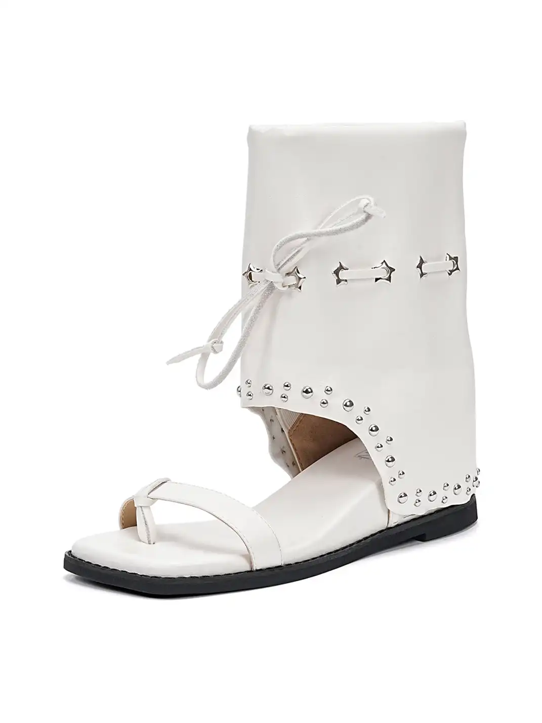 EBLAN | Lace-Up Cuff Toe Loop Flat Sandals-White
