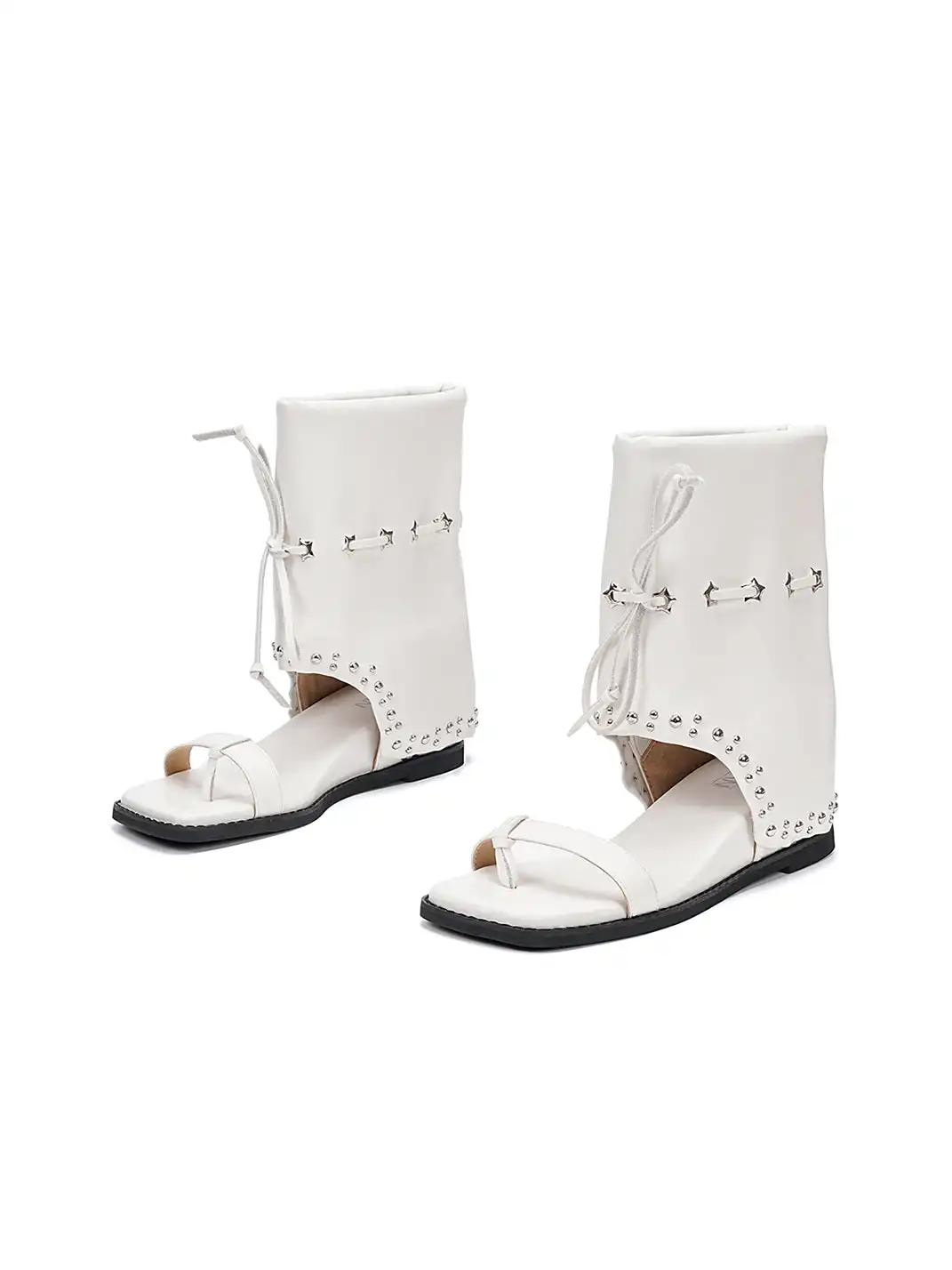 EBLAN | Lace-Up Cuff Toe Loop Flat Sandals-White