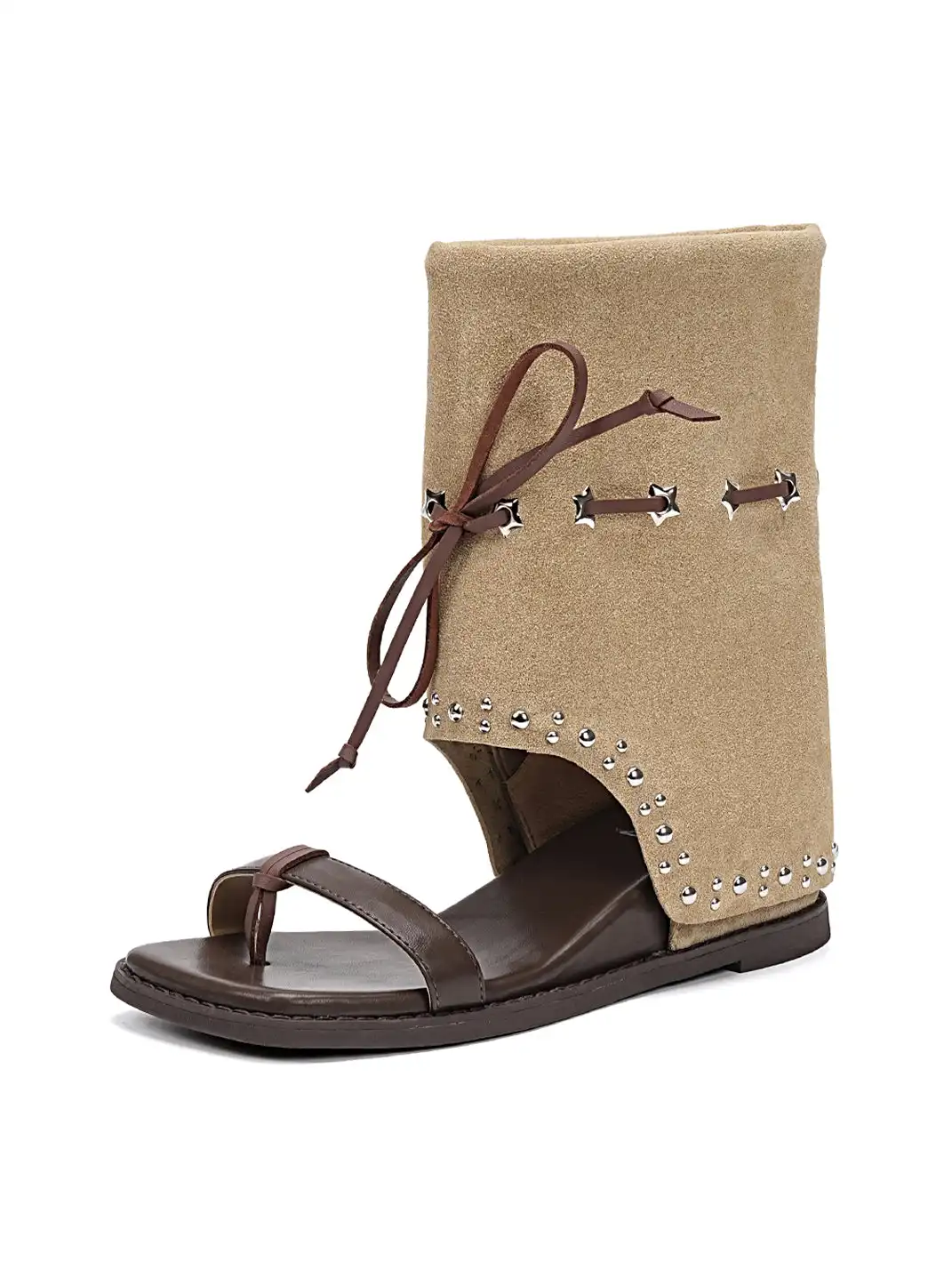 EBLAN | Lace-Up Cuff Toe Loop Flat Sandals-Brown