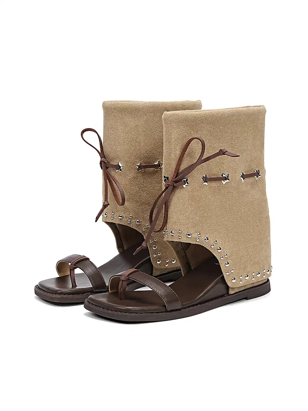 EBLAN | Lace-Up Cuff Toe Loop Flat Sandals-Brown