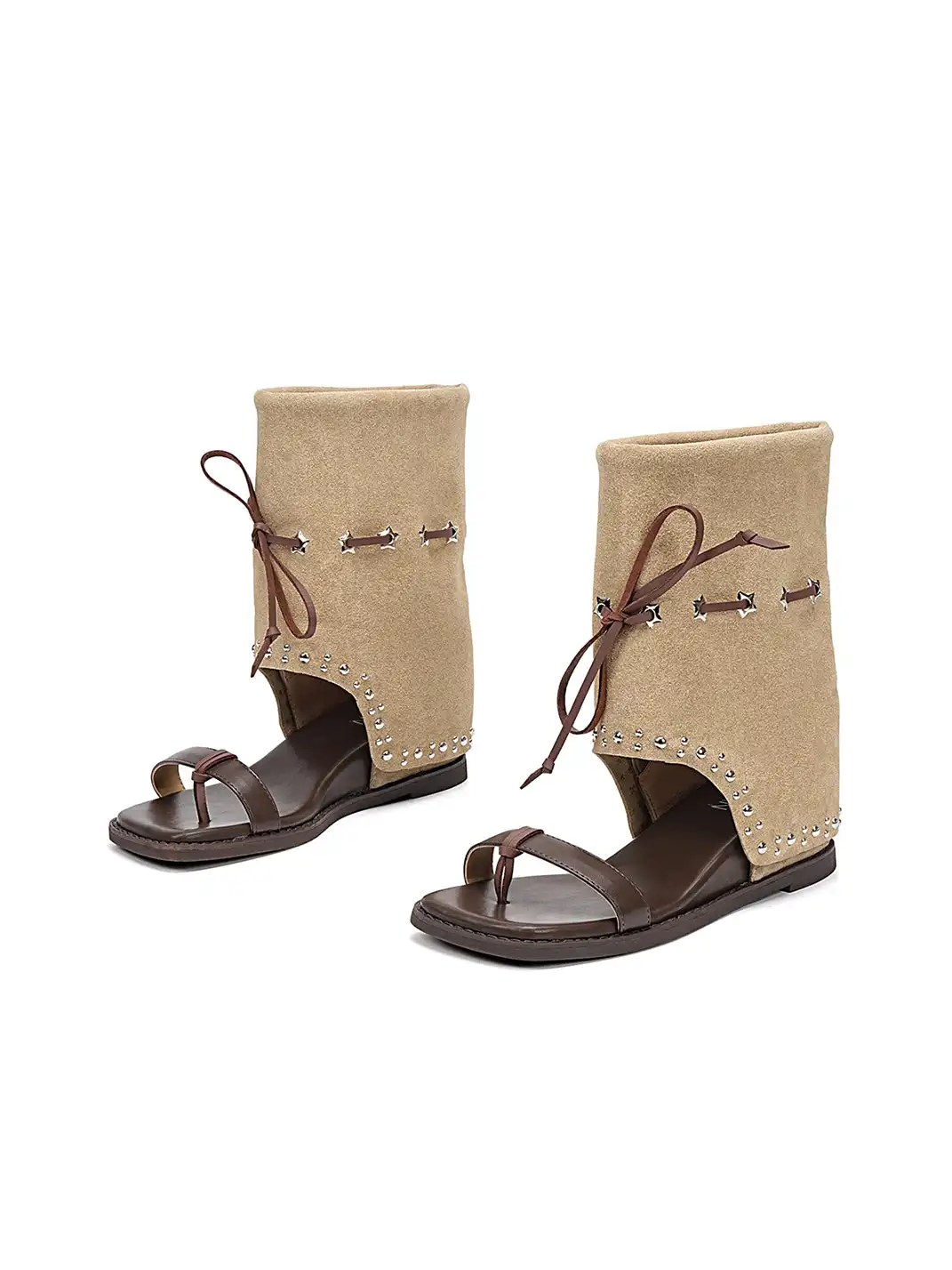 EBLAN | Lace-Up Cuff Toe Loop Flat Sandals-Brown