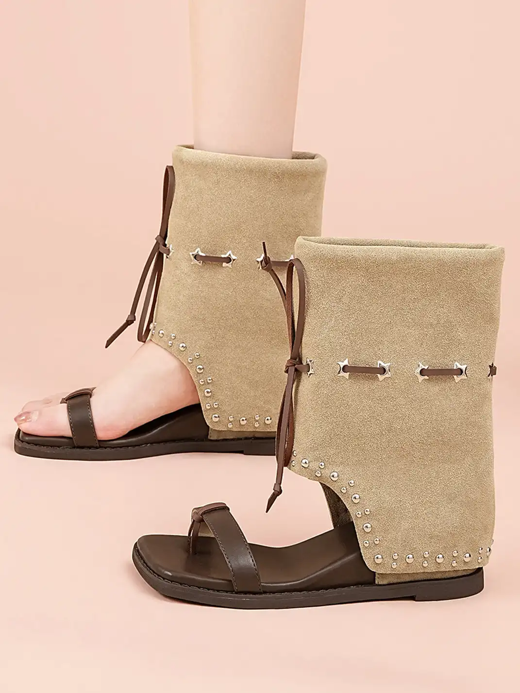 EBLAN | Lace-Up Cuff Toe Loop Flat Sandals-Brown