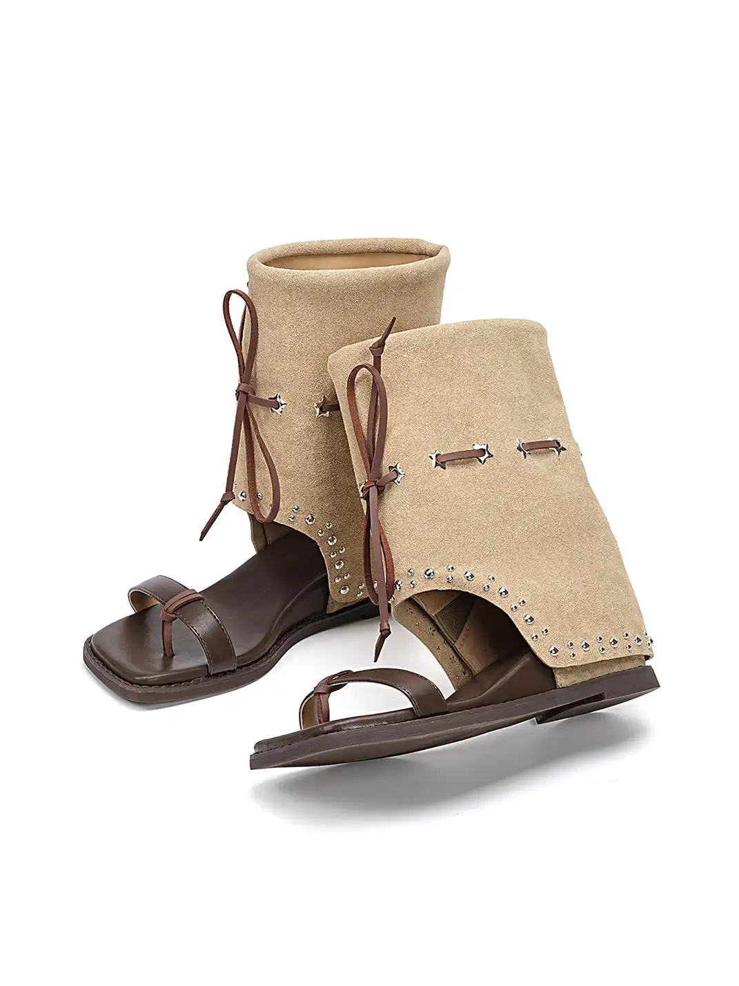 EBLAN | Lace-Up Cuff Toe Loop Flat Sandals-Brown