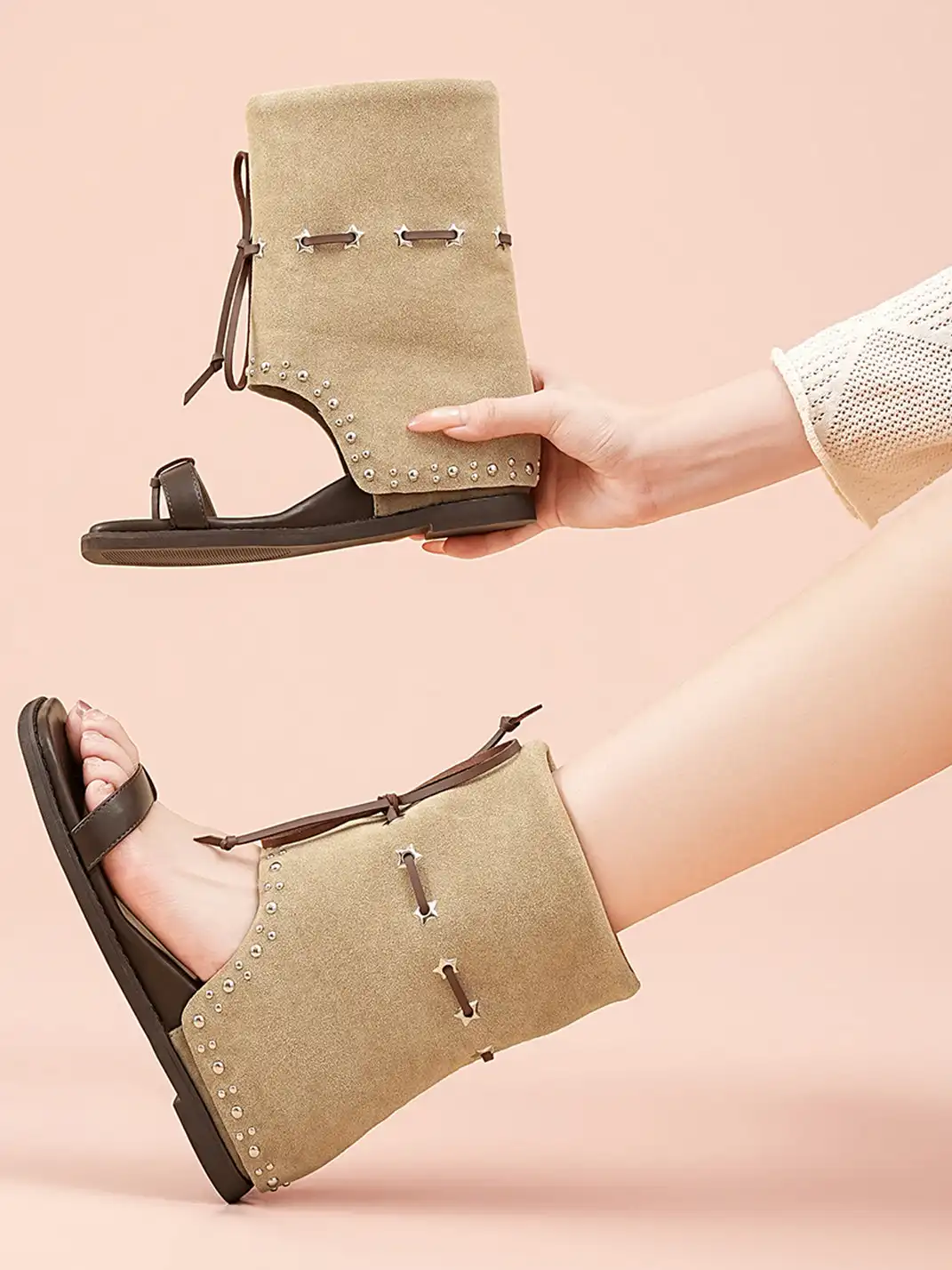 EBLAN | Lace-Up Cuff Toe Loop Flat Sandals-Brown
