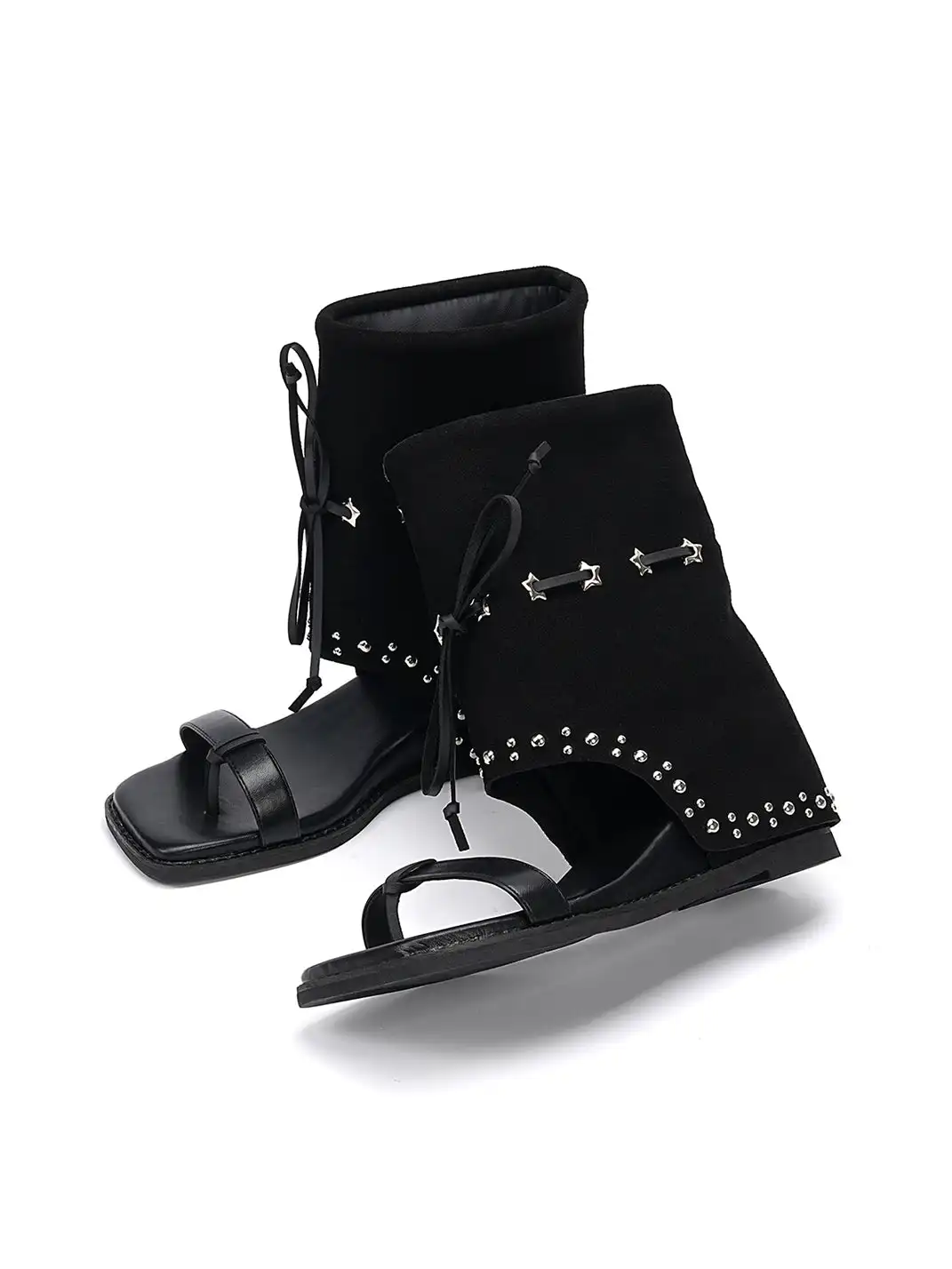 EBLAN | Lace-Up Cuff Toe Loop Flat Sandals-Black