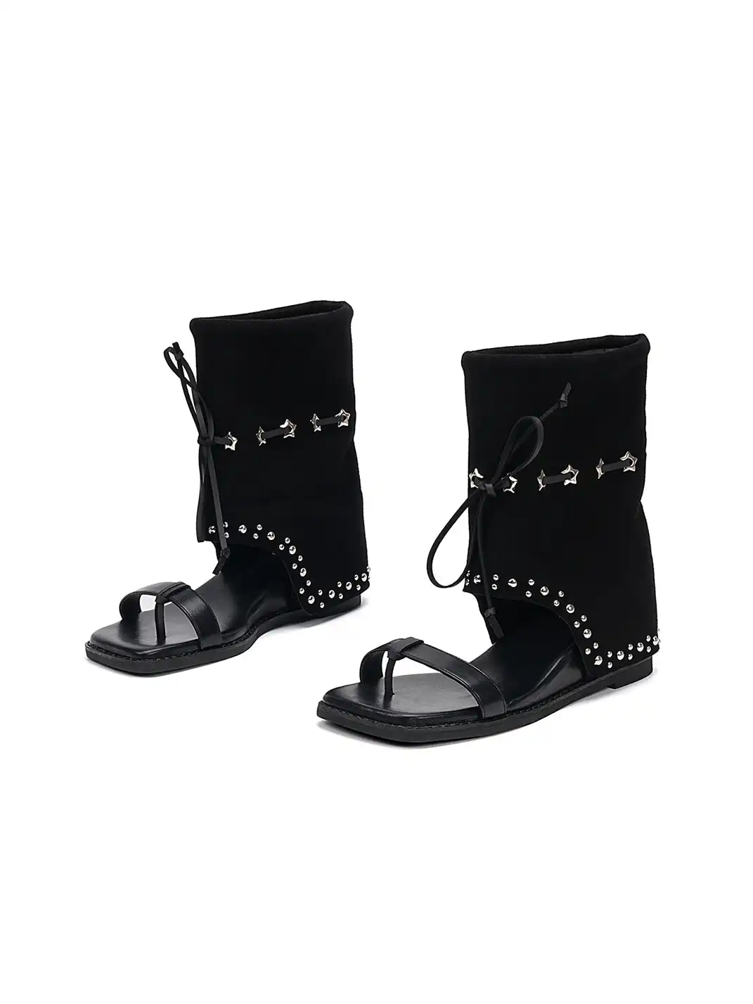 EBLAN | Lace-Up Cuff Toe Loop Flat Sandals-Black