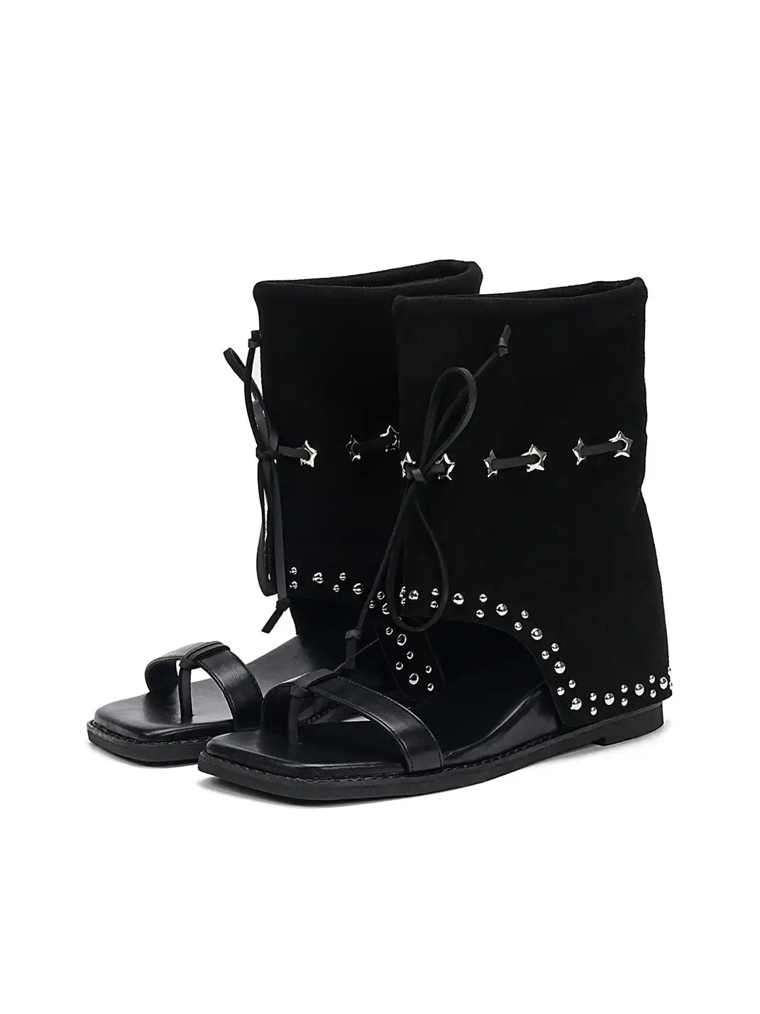 EBLAN | Lace-Up Cuff Toe Loop Flat Sandals-Black