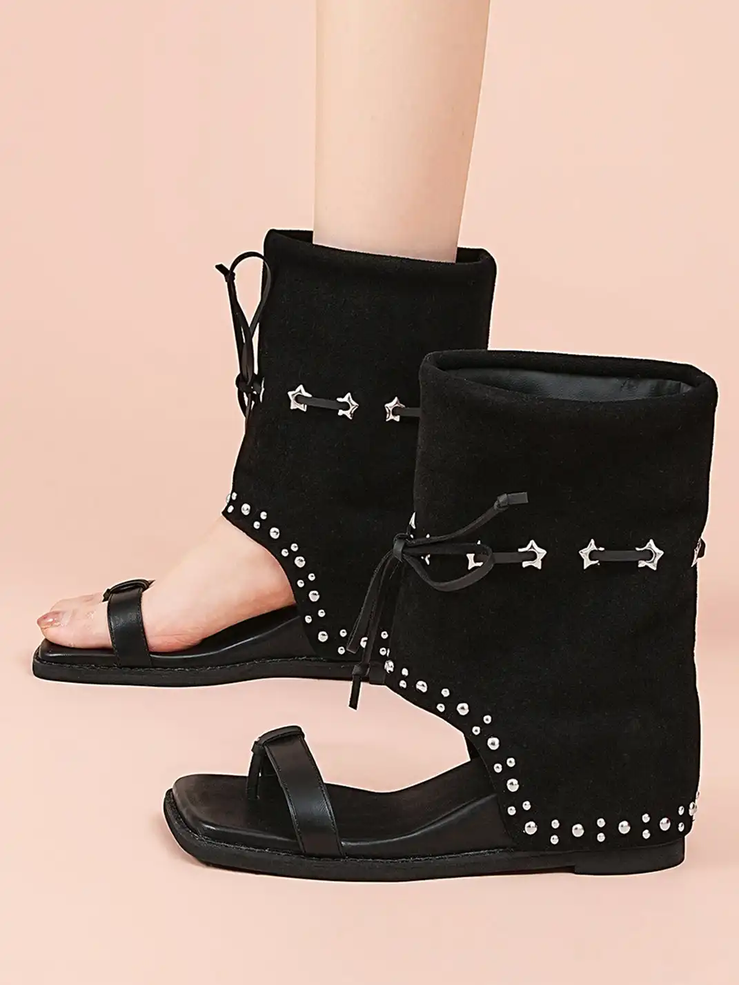 EBLAN | Lace-Up Cuff Toe Loop Flat Sandals-Black