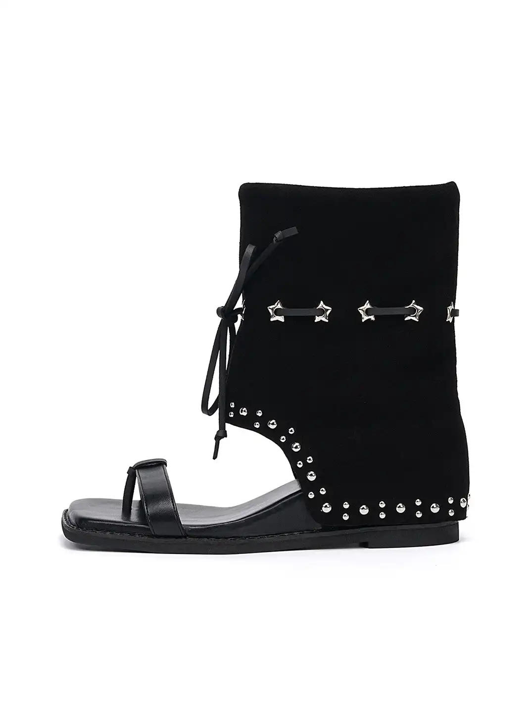 EBLAN | Lace-Up Cuff Toe Loop Flat Sandals-Black