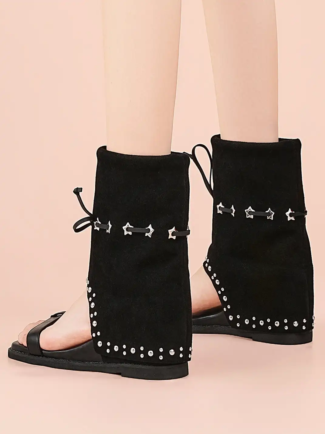 EBLAN | Lace-Up Cuff Toe Loop Flat Sandals-Black