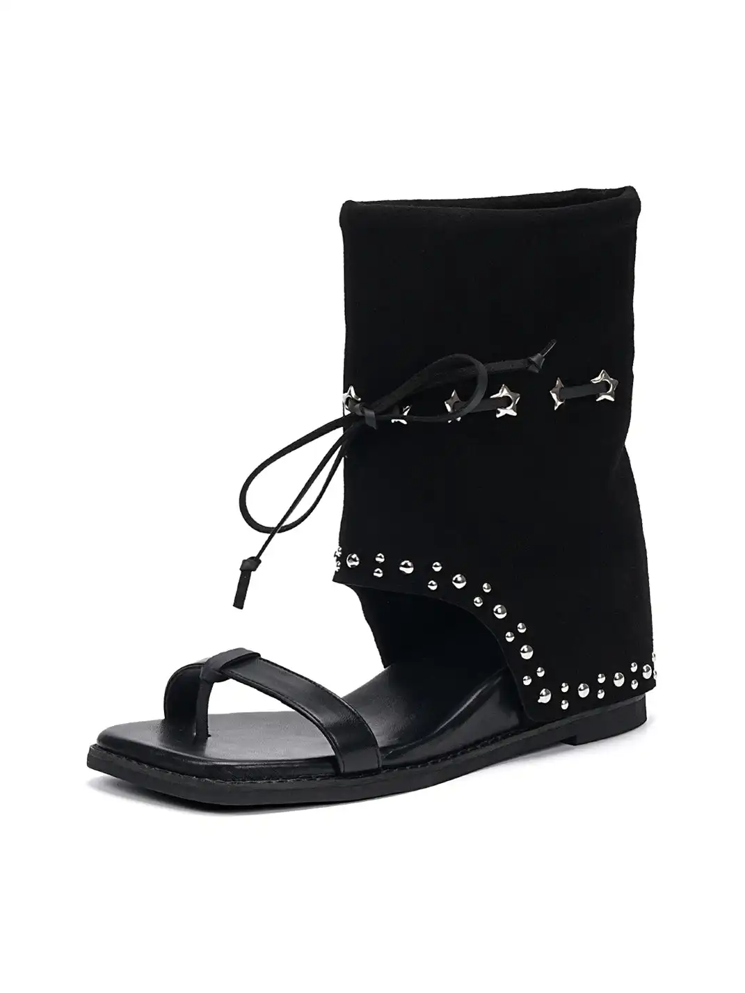 EBLAN | Lace-Up Cuff Toe Loop Flat Sandals-Black