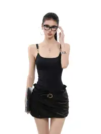 CCUP SPACE | Black Slim-Fit Cami Top With Gold Chain Buckle Straps