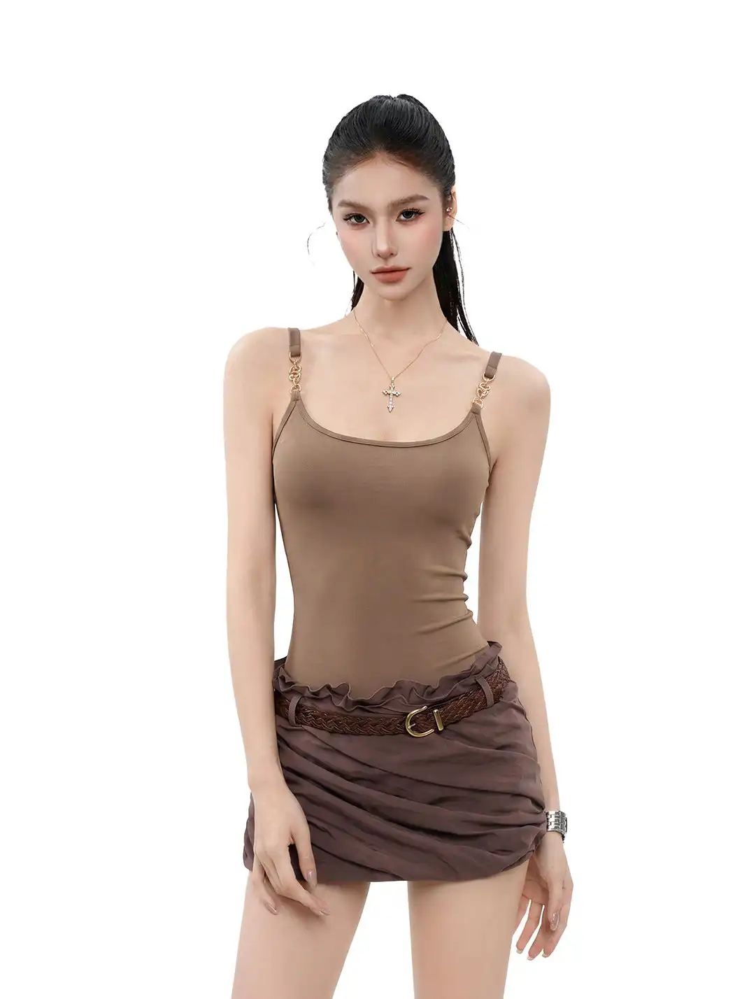 CCUP SPACE | Black Slim-Fit Cami Top With Gold Chain Buckle Straps