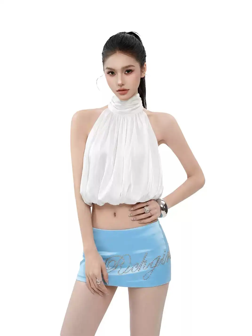 CCUP SPACE | Light Blue Satin Rhinestone Letter Mini Skirt