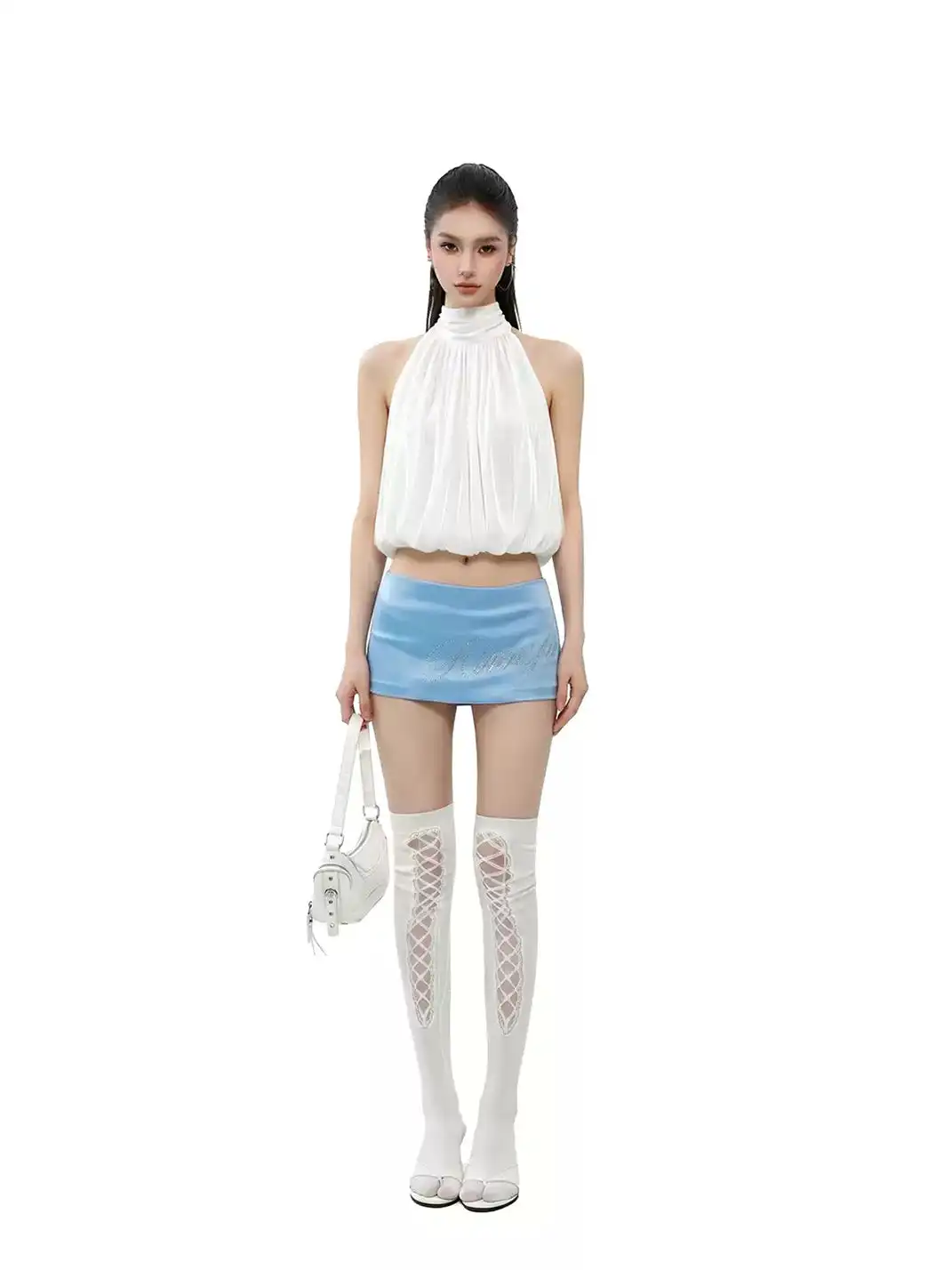 CCUP SPACE | Light Blue Satin Rhinestone Letter Mini Skirt