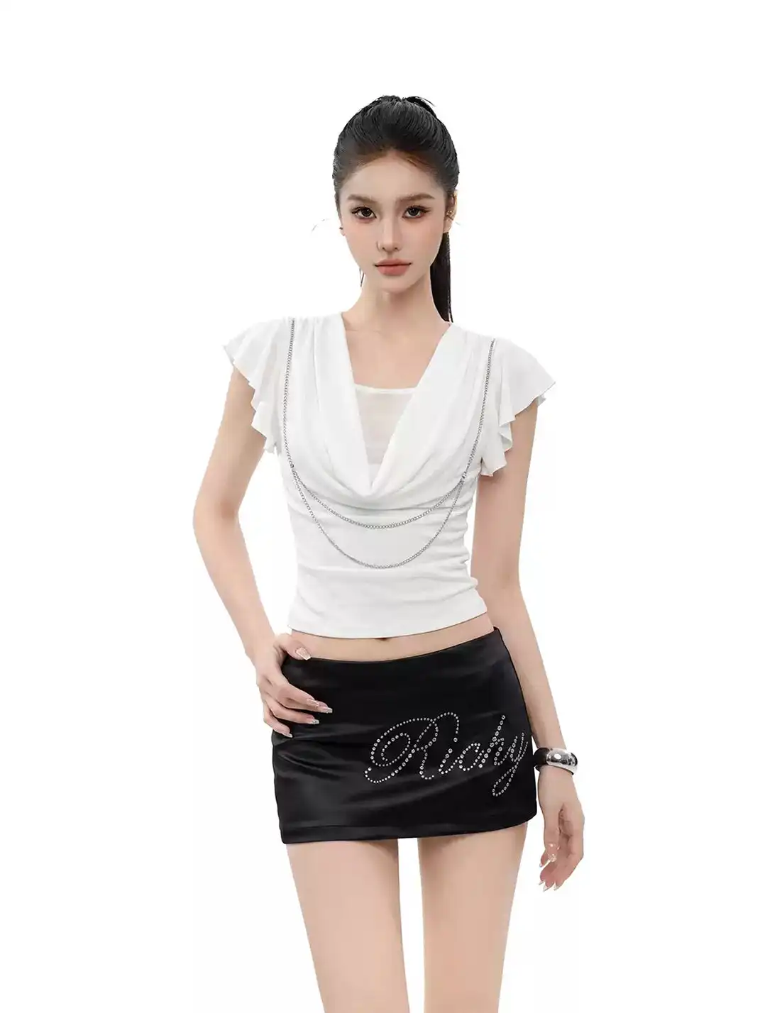 CCUP SPACE | Light Blue Satin Rhinestone Letter Mini Skirt