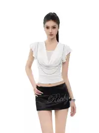 CCUP SPACE | Light Blue Satin Rhinestone Letter Mini Skirt