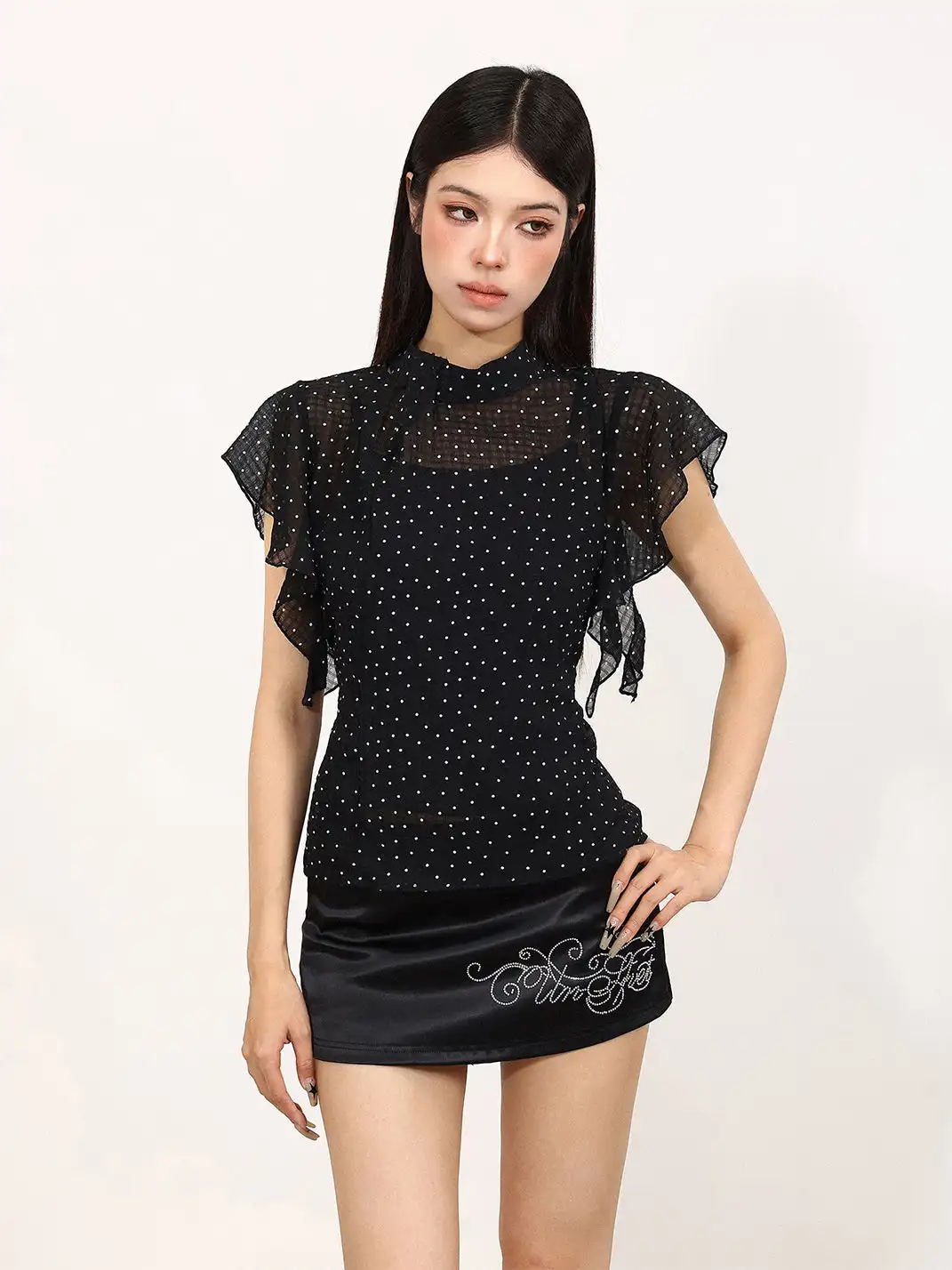 BIGGOLD | Polka Dot Chiffon T-Shirt With Camisole Inner Two-Piece Set