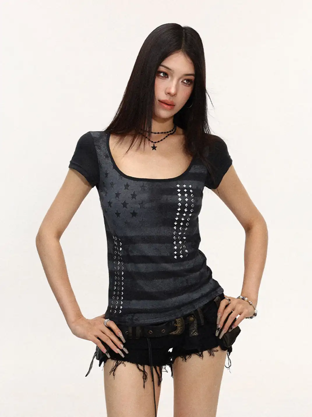 BIGGOLD | Vintage Striped Rhinestone Large Neck T-Shirt