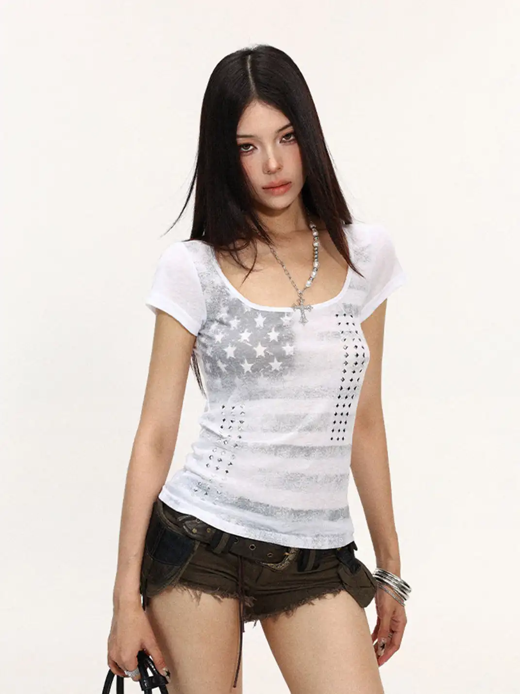 BIGGOLD | Vintage Striped Rhinestone Large Neck T-Shirt