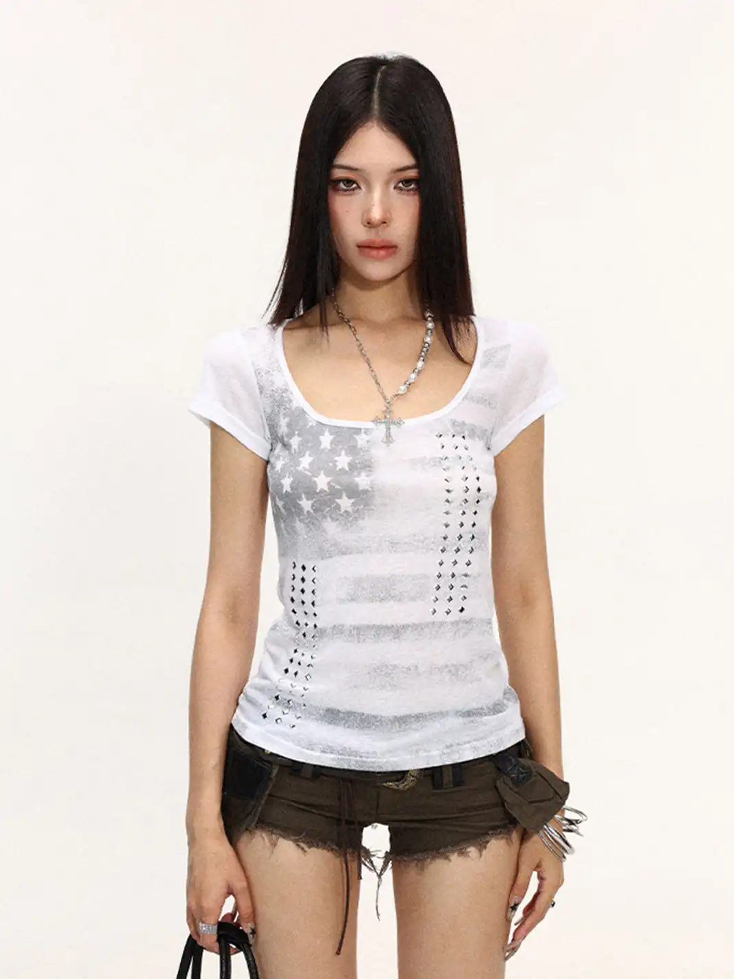 BIGGOLD | Vintage Striped Rhinestone Large Neck T-Shirt