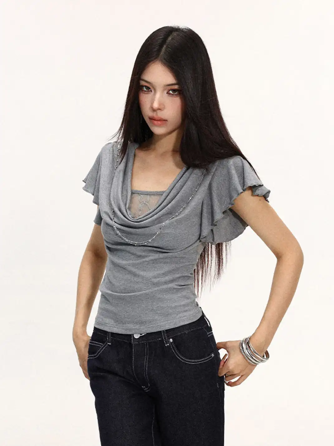 BIGGOLD | Draped Neck Lace Spliced Fake Two-Piece T-Shirt