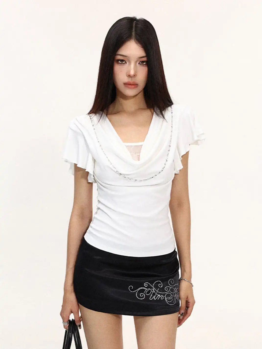 BIGGOLD | Draped Neck Lace Spliced Fake Two-Piece T-Shirt
