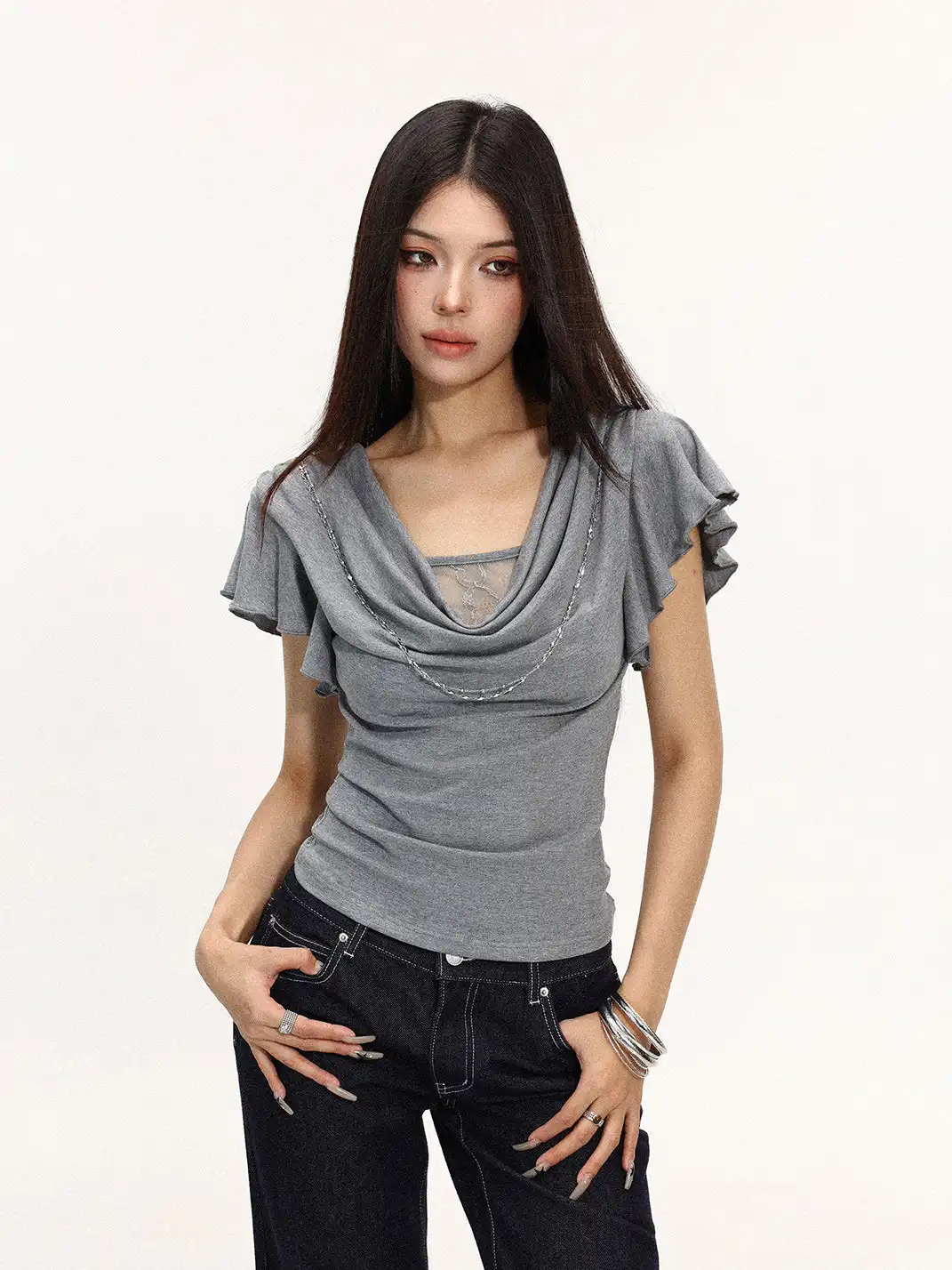 BIGGOLD | Draped Neck Lace Spliced Fake Two-Piece T-Shirt