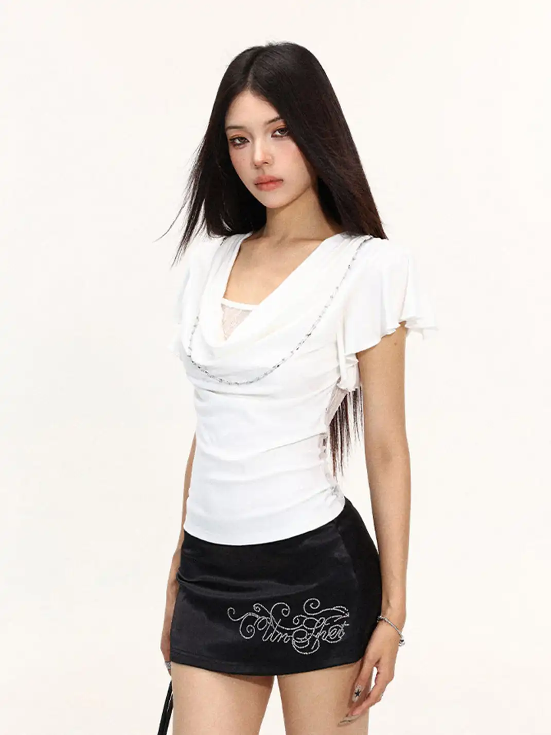 BIGGOLD | Draped Neck Lace Spliced Fake Two-Piece T-Shirt