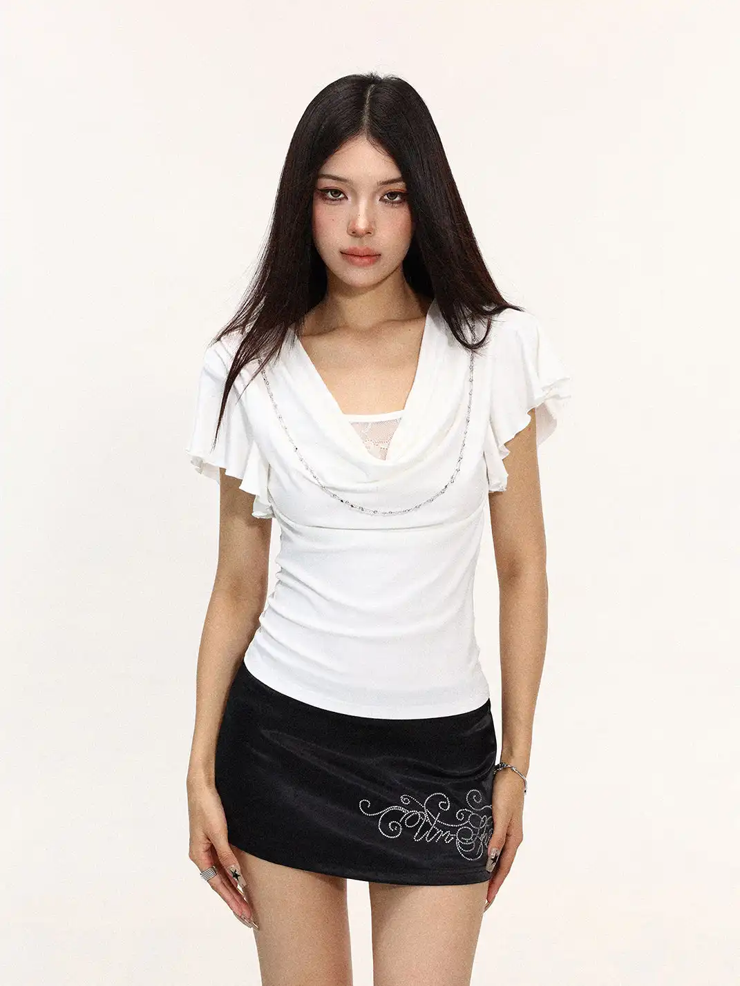 BIGGOLD | Draped Neck Lace Spliced Fake Two-Piece T-Shirt