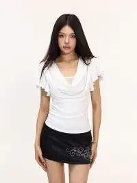 BIGGOLD | Draped Neck Lace Spliced Fake Two-Piece T-Shirt