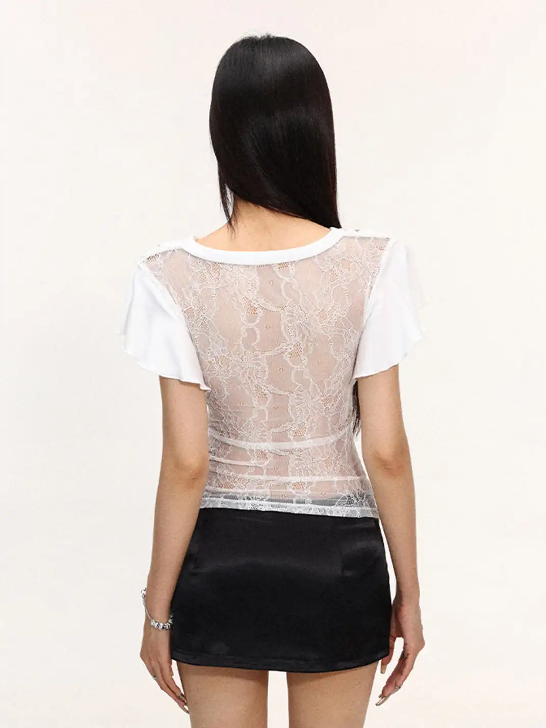 BIGGOLD | Draped Neck Lace Spliced Fake Two-Piece T-Shirt